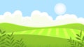 Landscape sunny meadow, green hills, agricultural pastures. Rustic expanses.
